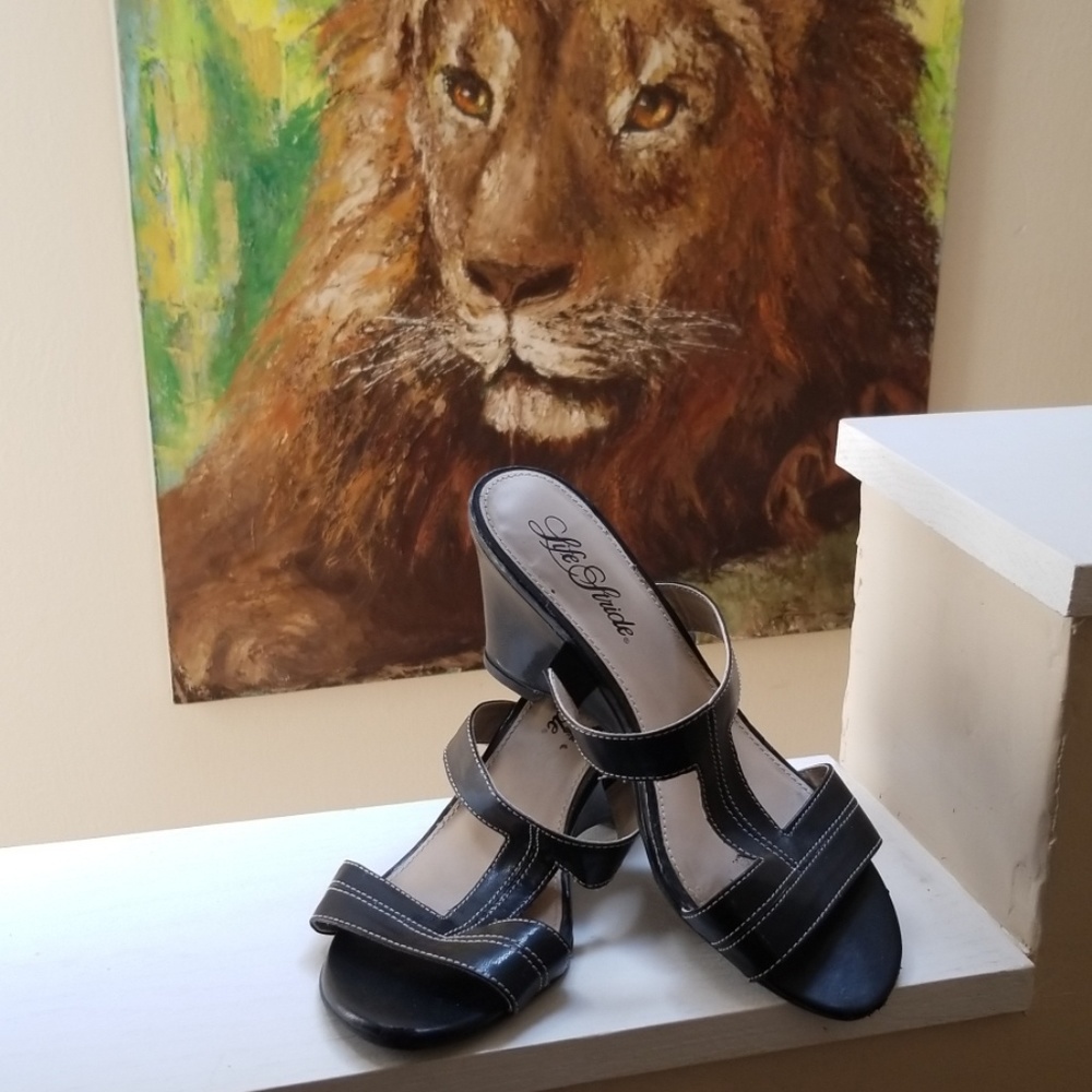 Black faux leather sandals